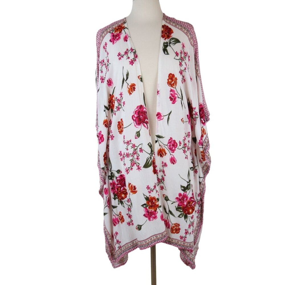 JAPNA Women's Pink Orange White Floral Border Print Viscose Open Front Kimono OS